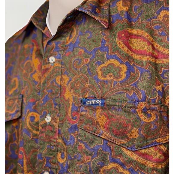 VTG Guess By Marciano Shirt Mens Med Floral Brown Paisley Made USA Button Pocket - Picture 2 of 7